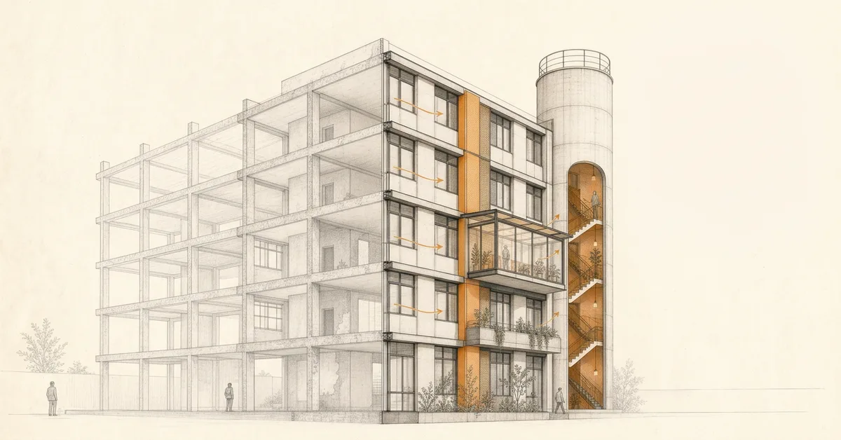 Ilustração de retrofit de edifício existente: estrutura original em traço leve e a intervenção nova com fachada, varanda e silo reaproveitado como escada