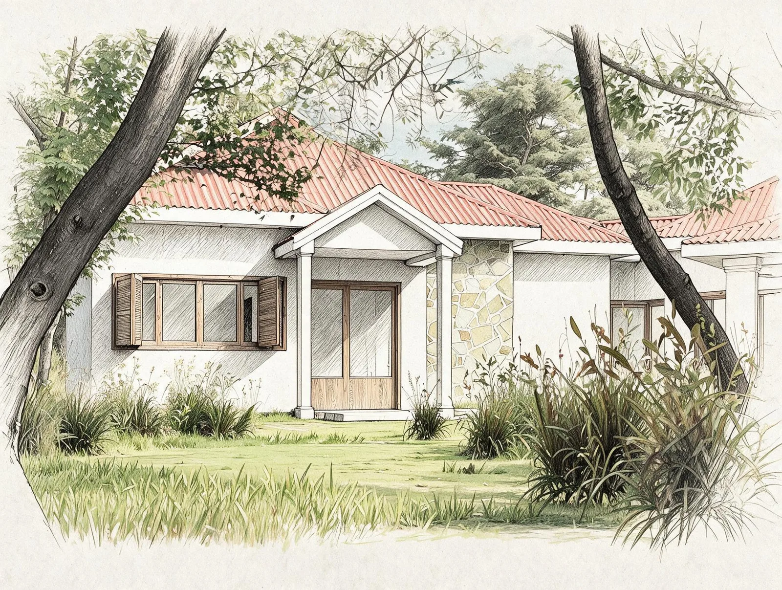 Ilustração de casa de campo com telhado cerâmico e venezianas de madeira