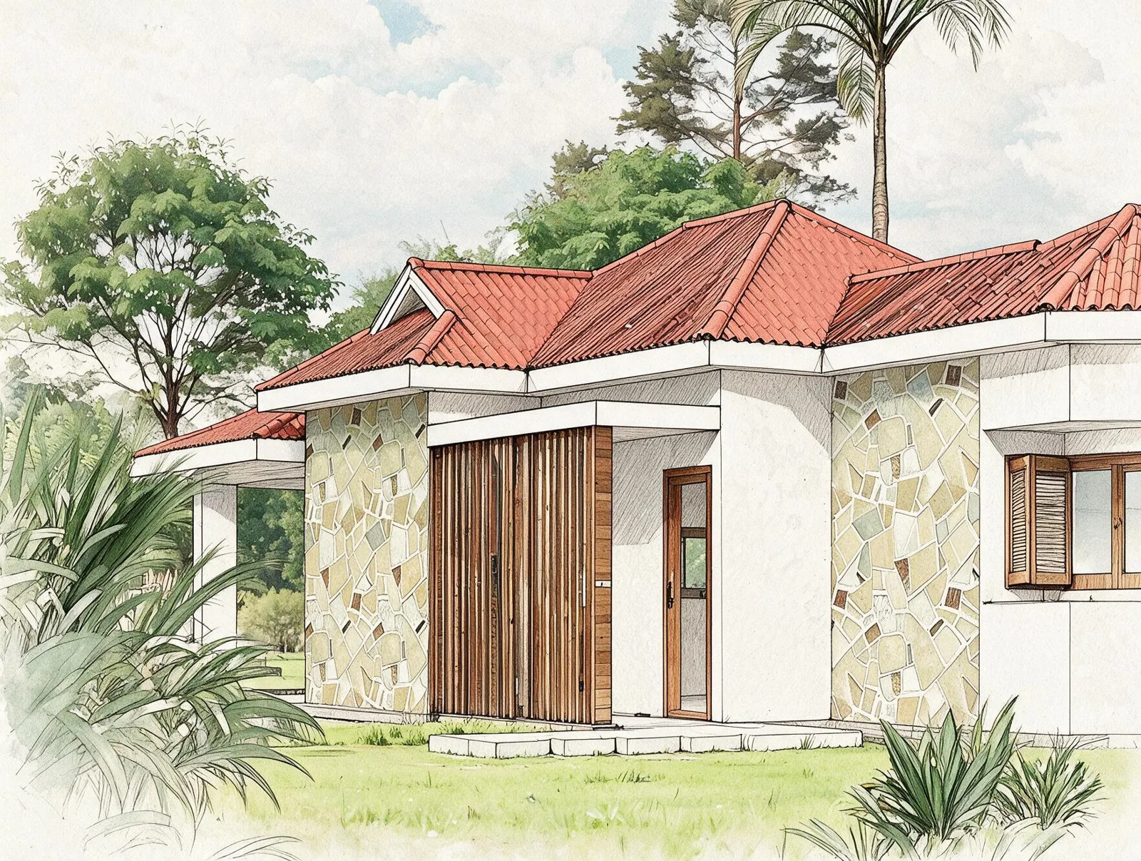 Ilustração de casa de campo com varanda profunda sombreada e vegetação alta
