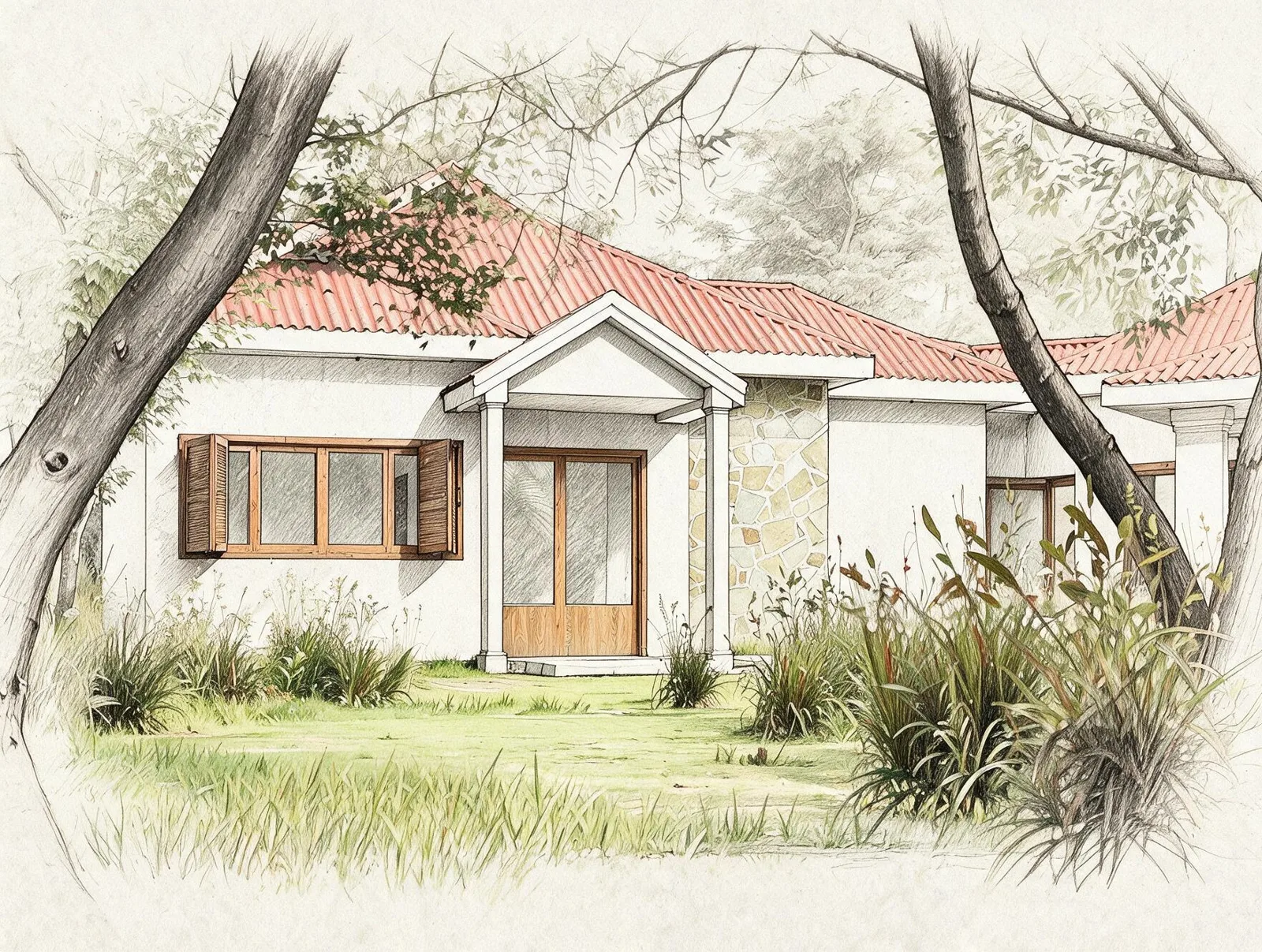 Ilustração da fachada de uma casa de campo entre árvores e vegetação