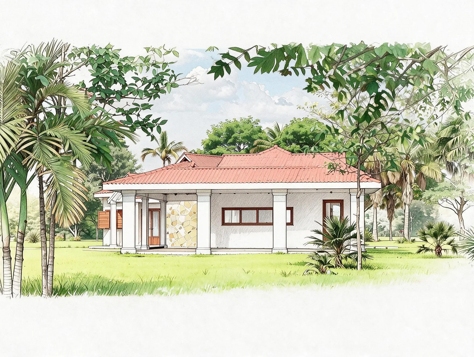 Ilustração de fachada de casa de campo em alvenaria branca, pedra e madeira