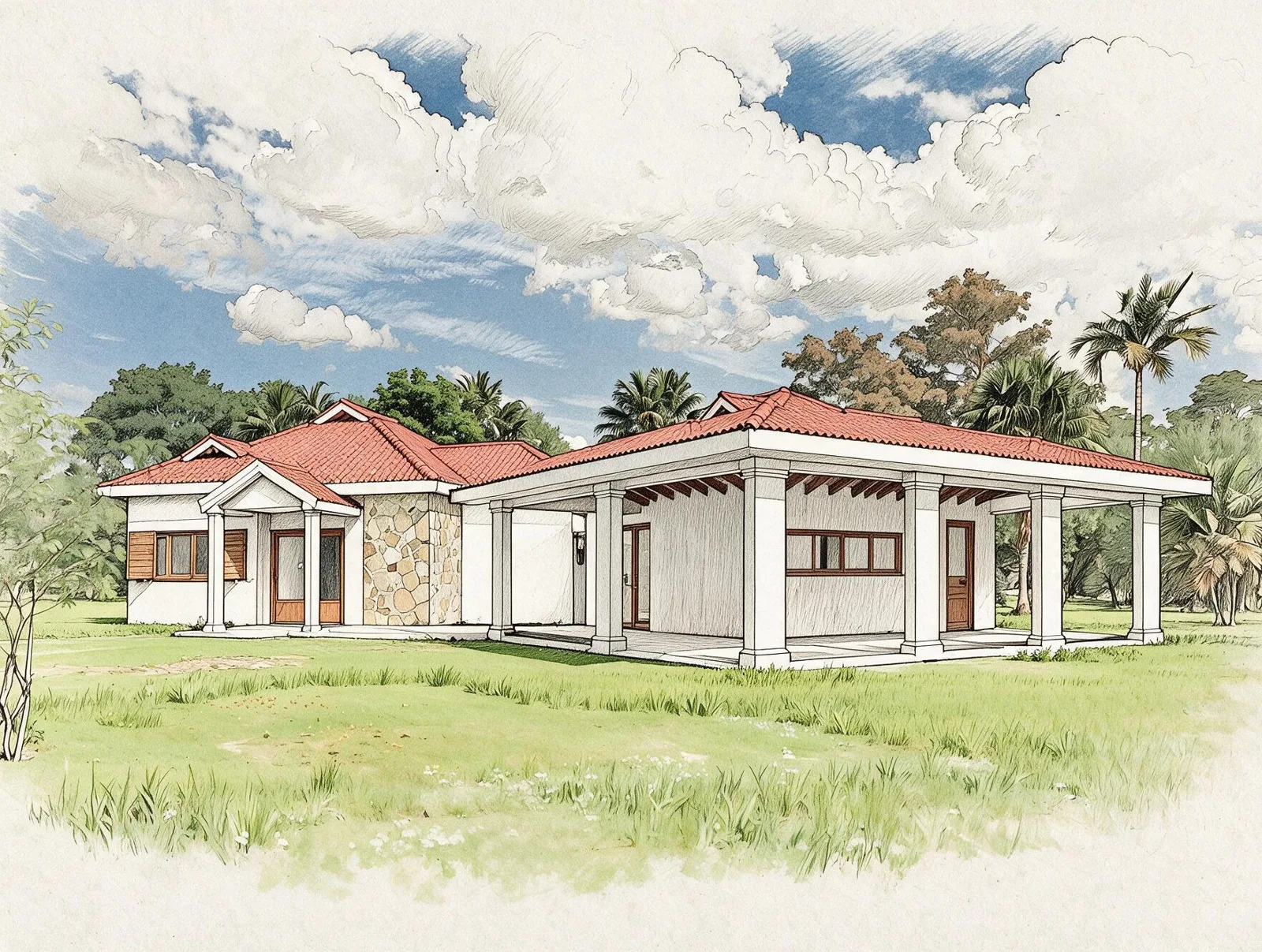 Ilustração de casa de campo implantada em terreno aberto com árvores nativas