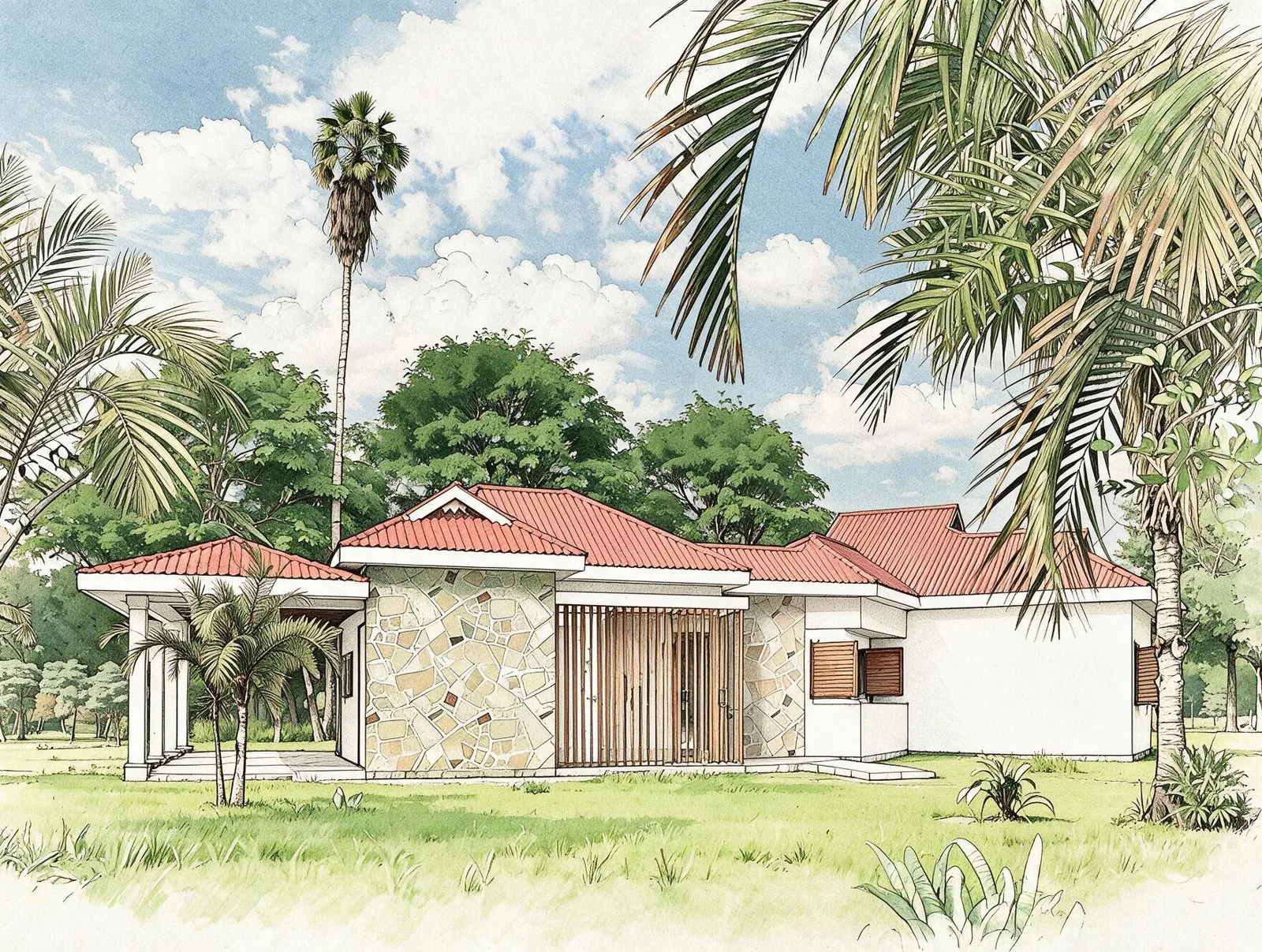 Ilustração de casa de campo com pergolado, palmeiras e vegetação nativa