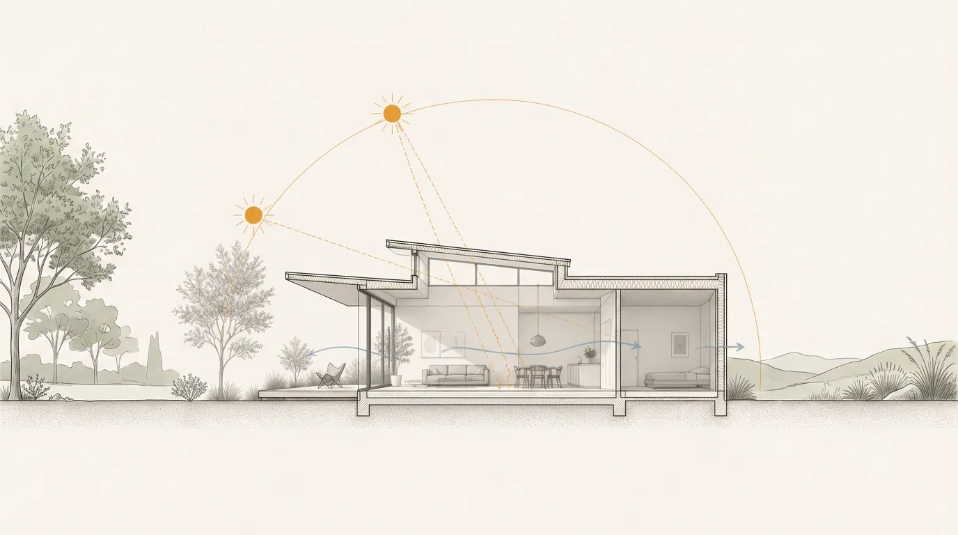 Ilustração de corte esquemático de casa mostrando a trajetória do sol no verão e no inverno, sombreamento do beiral e ventilação cruzada