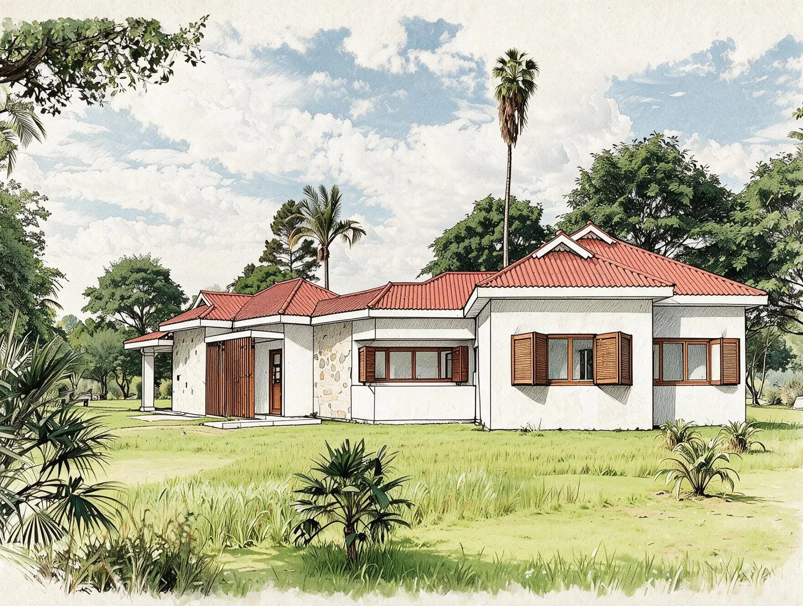 Ilustração de entrada de casa de campo com painel ripado de madeira e parede de pedra