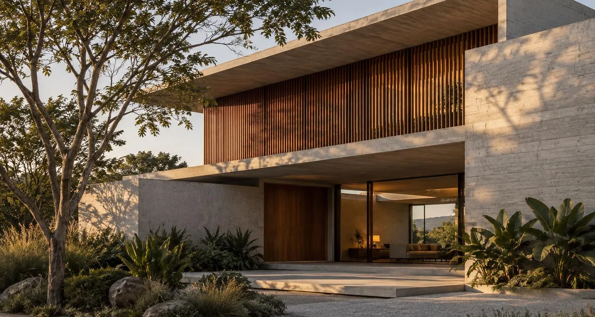 Fachada de casa contemporânea em concreto aparente com beiral profundo e brise de madeira ripada filtrando a luz do fim de tarde